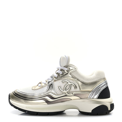 Chanel Fabric Laminated Calfskin Stretch CC Sneakers 39.5 White Gold Silver 1 of 8