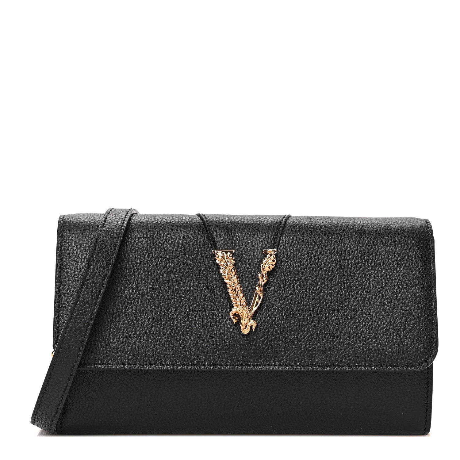 Versace Grained Calfskin Virtus Wallet On Chain Black 1 of 8