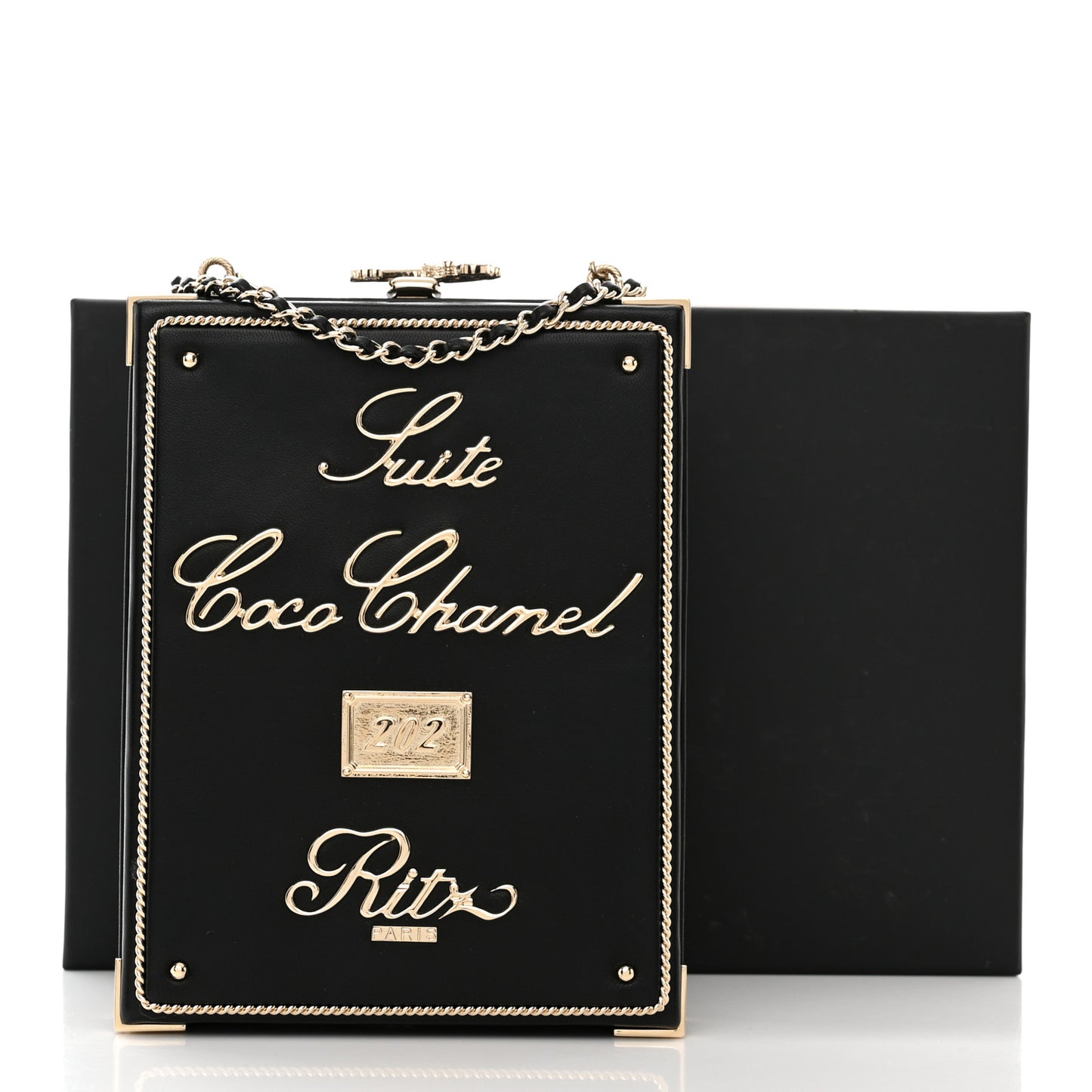 Lambskin Room Card Minaudiere Evening Bag Black Gold