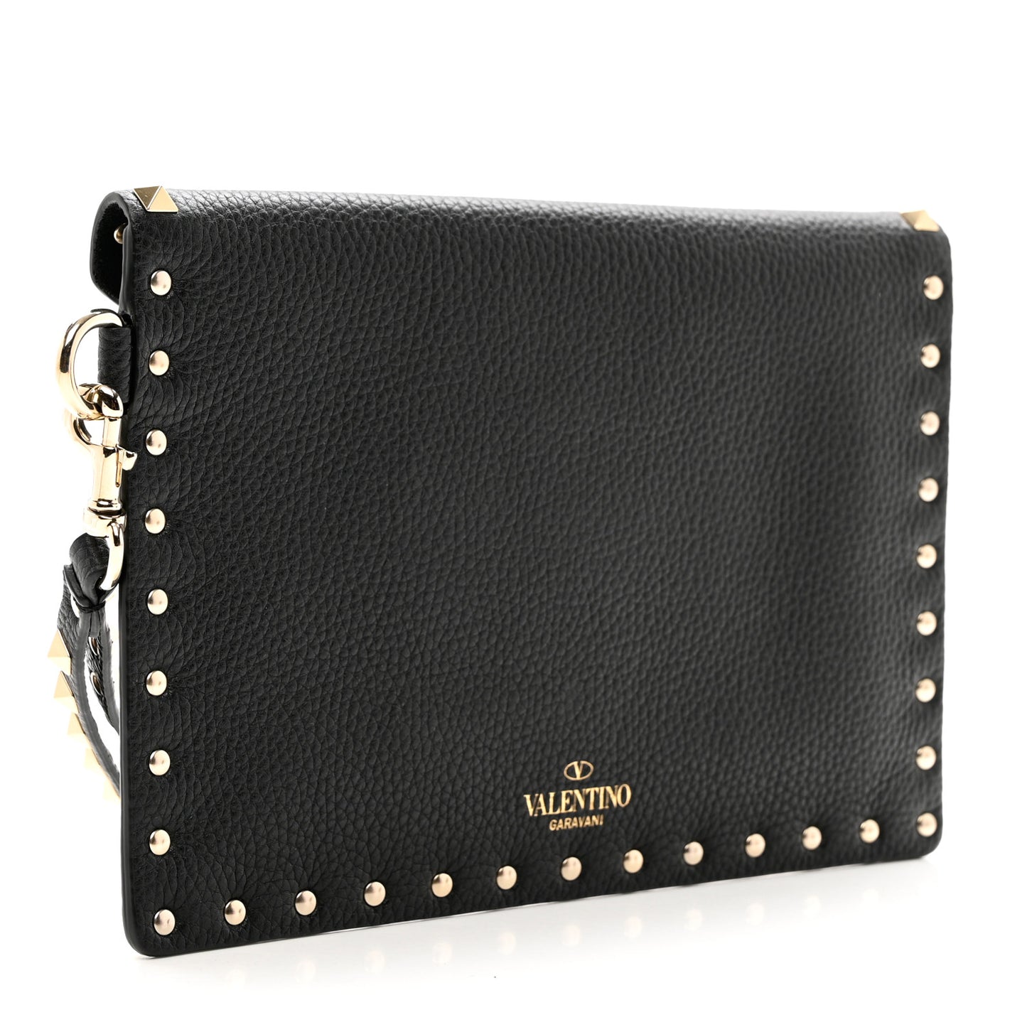 Pebbled Calfskin Medium Rockstud Envelope Flat Wristlet Pouch Black