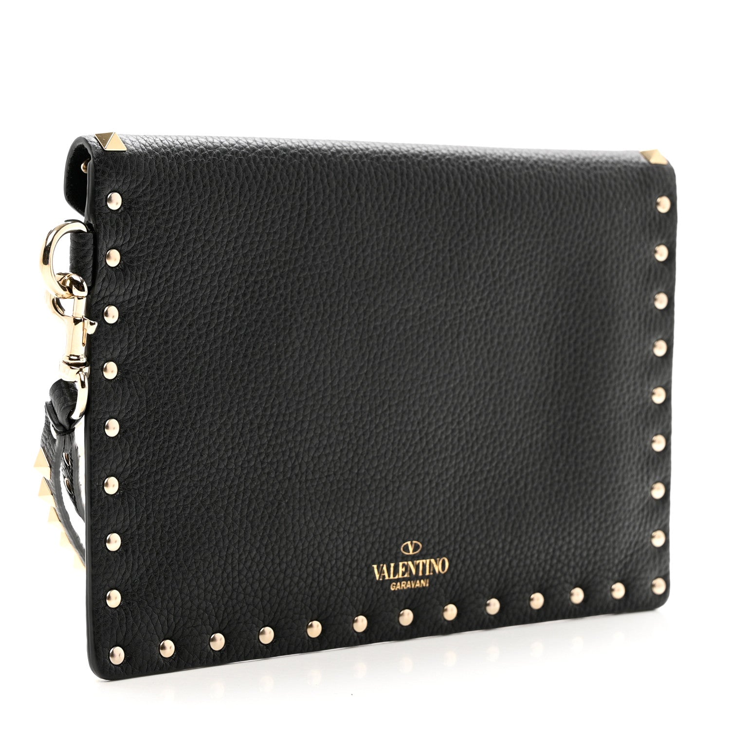 Valentino Garavani Pebbled Calfskin Medium Rockstud Envelope Flat Wristlet Pouch Black 3 of 8