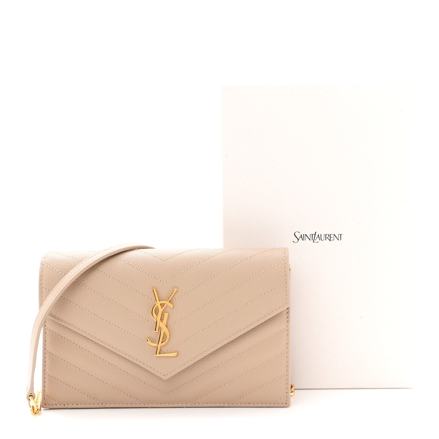 Saint Laurent Grain De Poudre Matelasse Chevron Monogram Envelope Chain Wallet Dark Beige 10 of 10