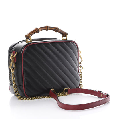 Gucci Vintage Effect Calfskin Matelasse Diagonal Small Torchon GG Marmont Bamboo Top Handle Shoulder Bag Black Romantic Cherry 2 of 9
