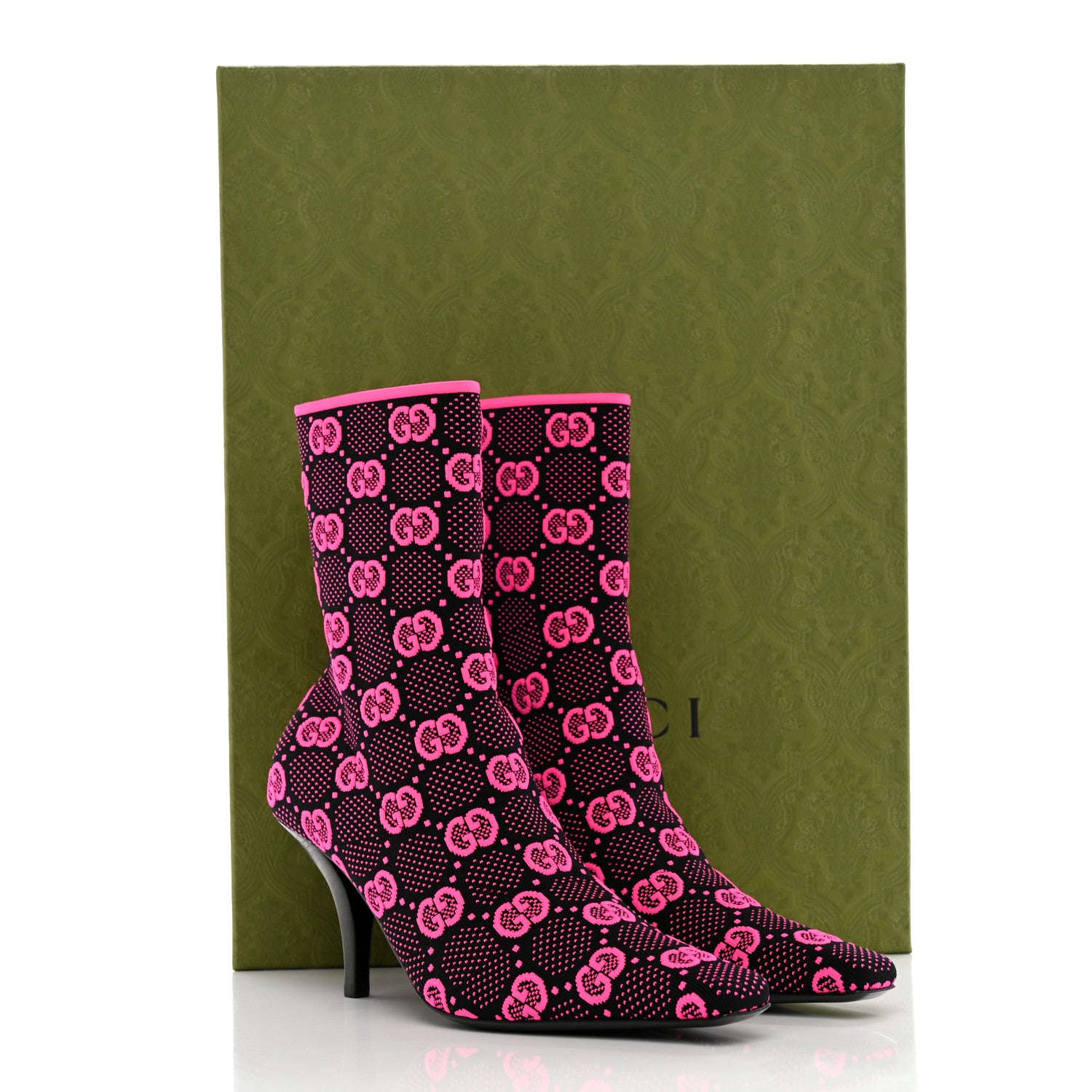 Gucci Technical Jersey Knit GG Monogram Square G 75mm Ankle Boots 38 Black Neon Fucsia 9 of 9
