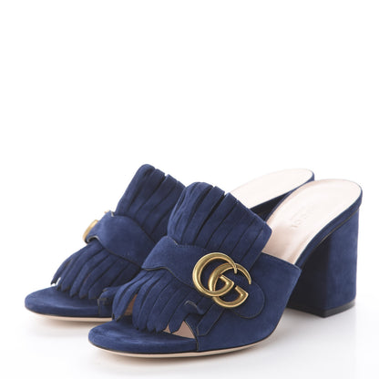 Gucci Kid Scamosciato GG Marmont Fringe 75mm Slide Sandals 38 Blue Ink 2 of 7