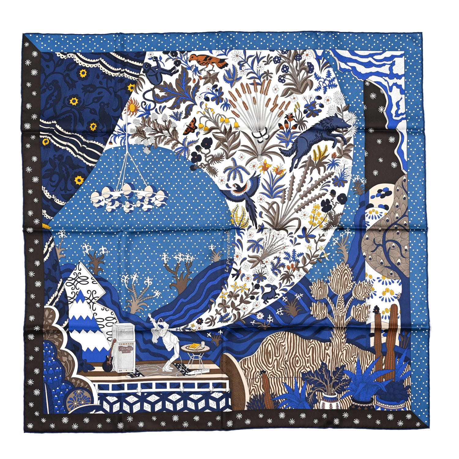 Hermes Silk Twill Le Premier Chant Scarf 90 Bleu Nuit White Ebene 1 of 4