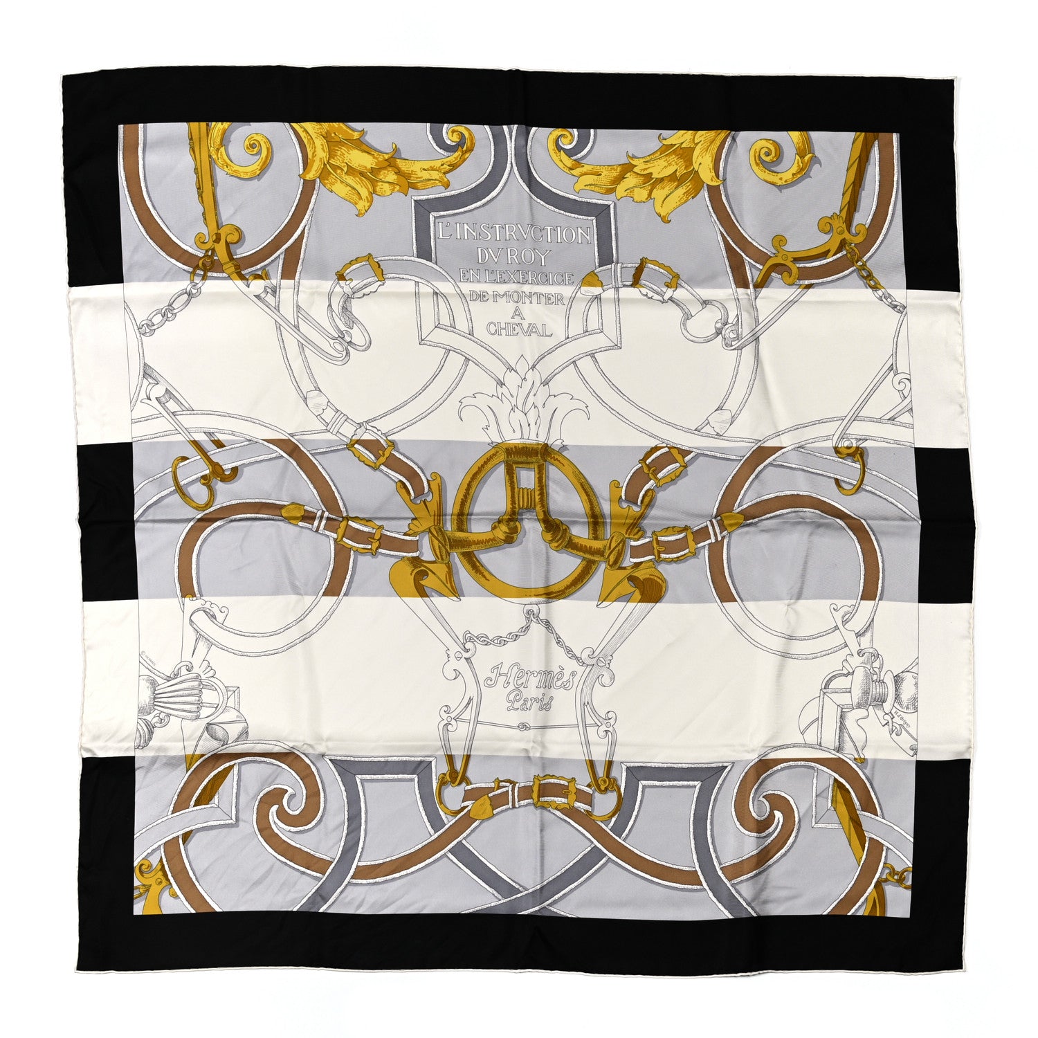 Hermes Silk L Instruction Du Roy Scarf 90 Black Gris Or 1 of 5