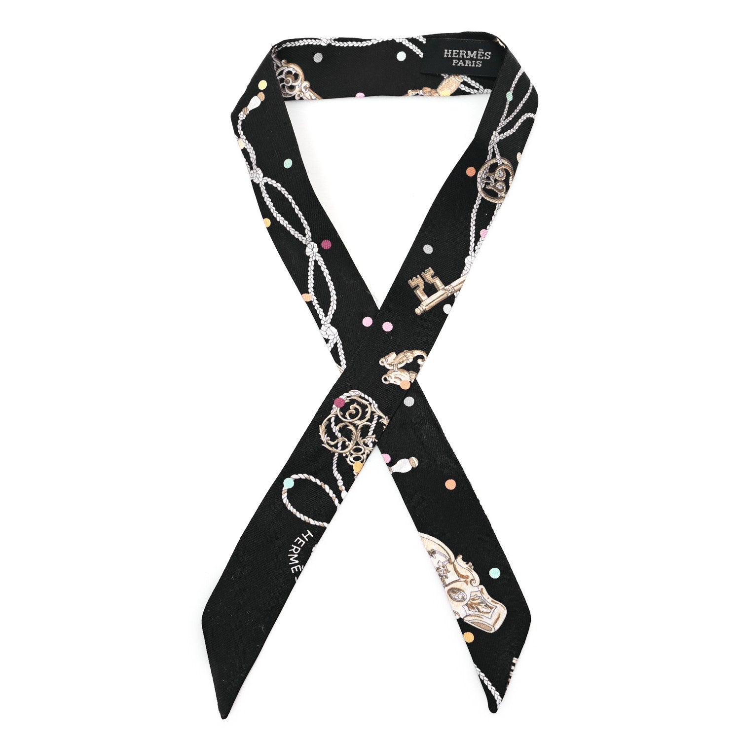 Hermes Silk Les Cles A Pois Doll Twilly Black Beige Rose 1 of 5