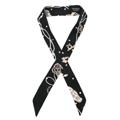 Hermes Silk Les Cles A Pois Doll Twilly Black Beige Rose 1 of 5