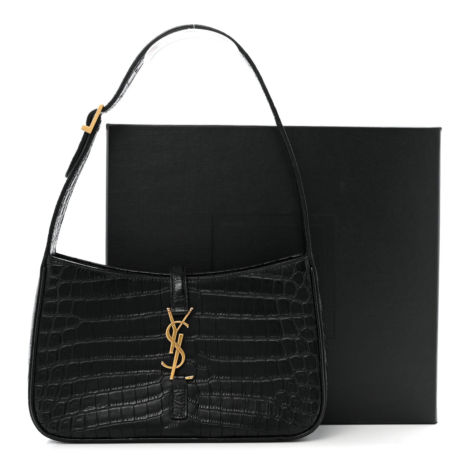 Saint Laurent Calfskin Crocodile Embossed Le 5 A 7 Hobo Black