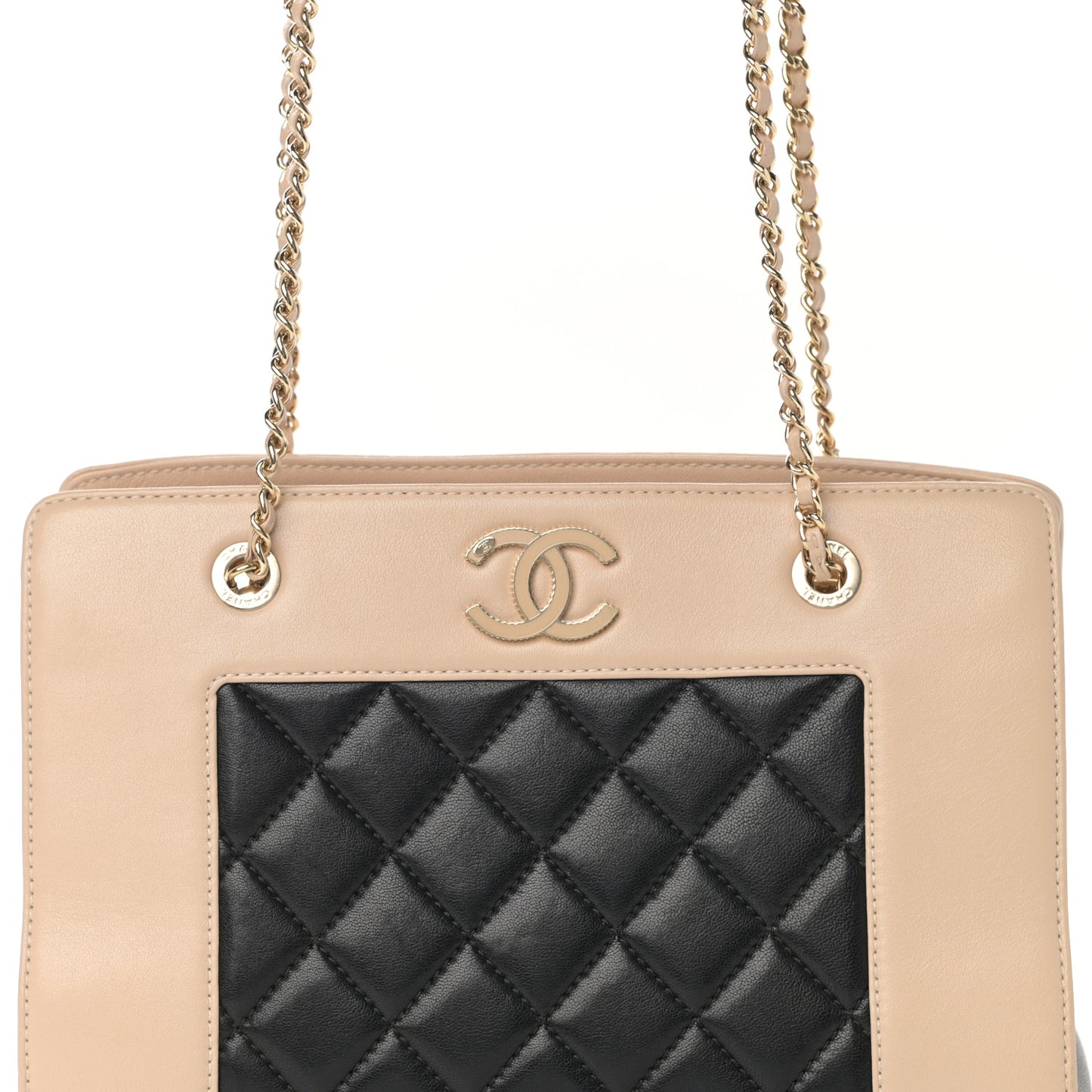 Sheepskin Quilted Mademoiselle Vintage Shopping Tote Beige Black