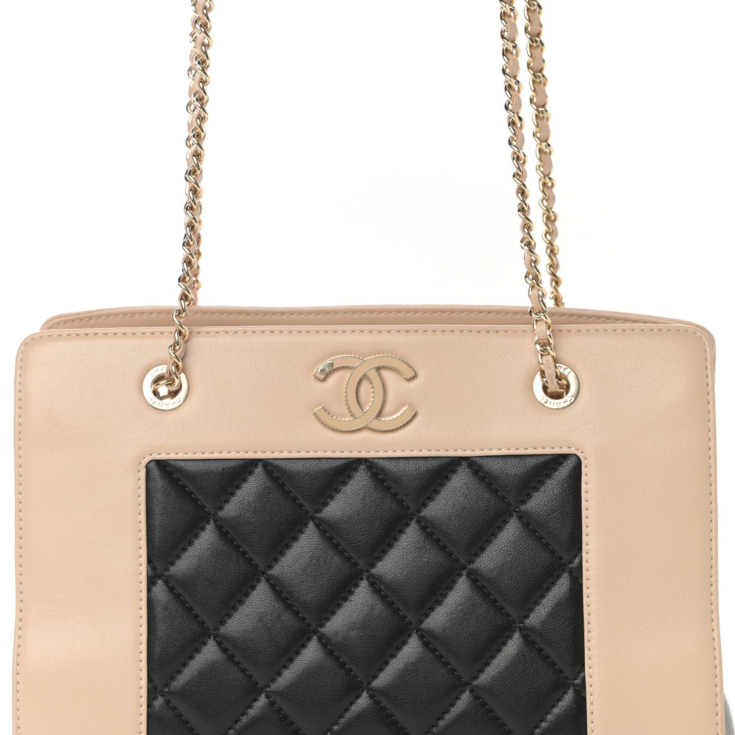 Chanel Sheepskin Quilted Mademoiselle Vintage Shopping Tote Beige Black 8 of 13