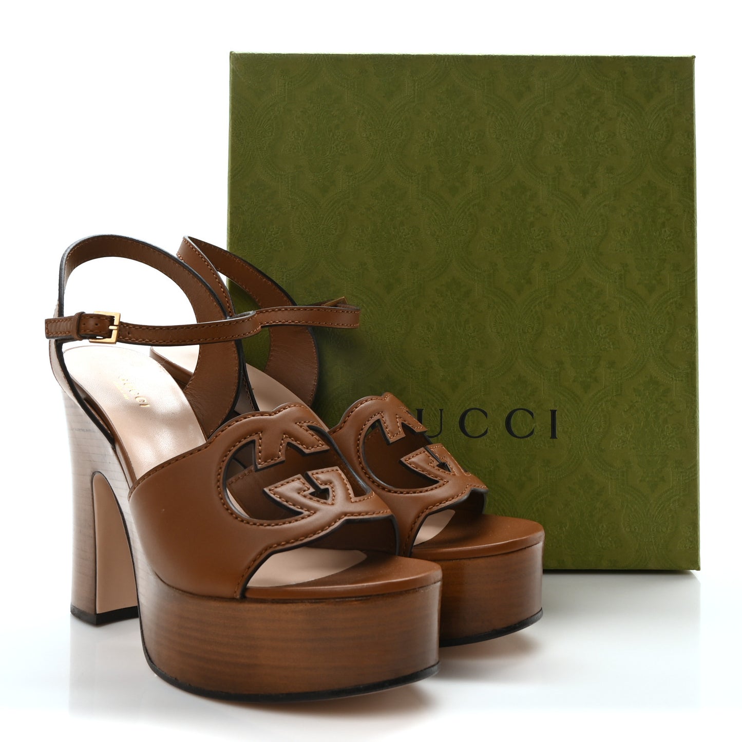 Cosmos Softy Calfskin Wooden Interlocking G Cut-Out 30/120mm Platform Sandals 40.5 Cuir