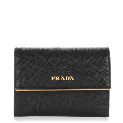 Prada Saffiano Compact Metal Bar Flap Wallet Nero Black 1 of 7