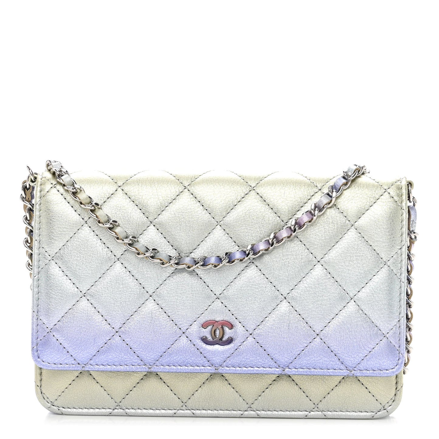Gradient Metallic Calfskin Quilted Wallet On Chain WOC Silver Blue Yellow Purple