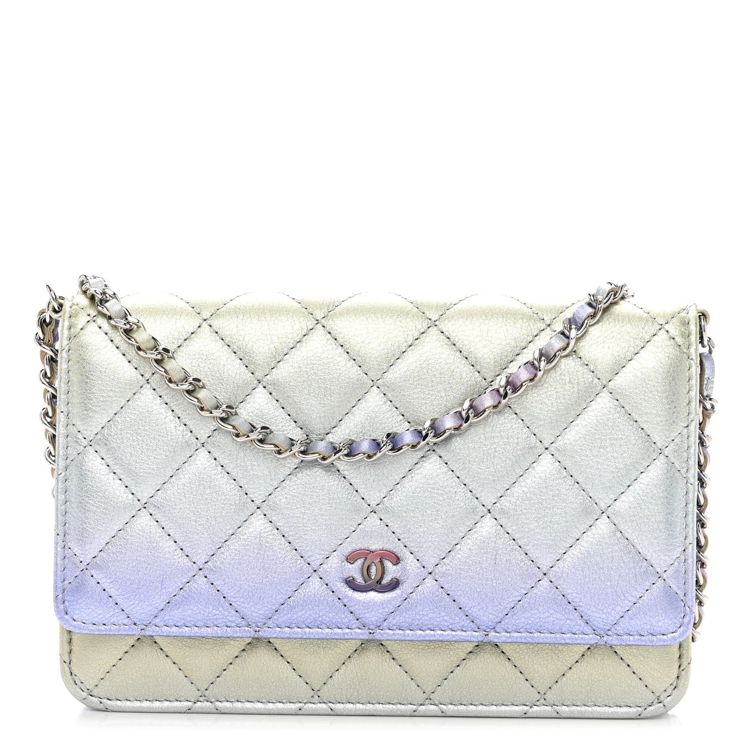 Chanel Gradient Metallic Calfskin Quilted Wallet On Chain WOC Silver Blue Yellow Purple 1 of 11