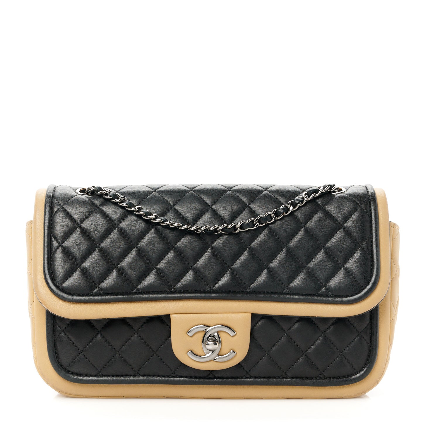 Lambskin Quilted Jumbo Classic Twist Flap Bag Black Beige