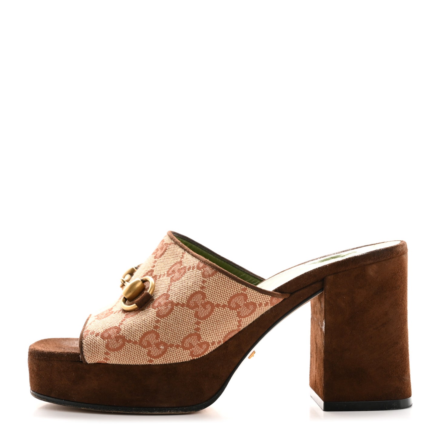 GG Monogram Kid Scamosciato Houdan Mid Heel Platform Slide Sandals 35 Beige Ruggine Maroon