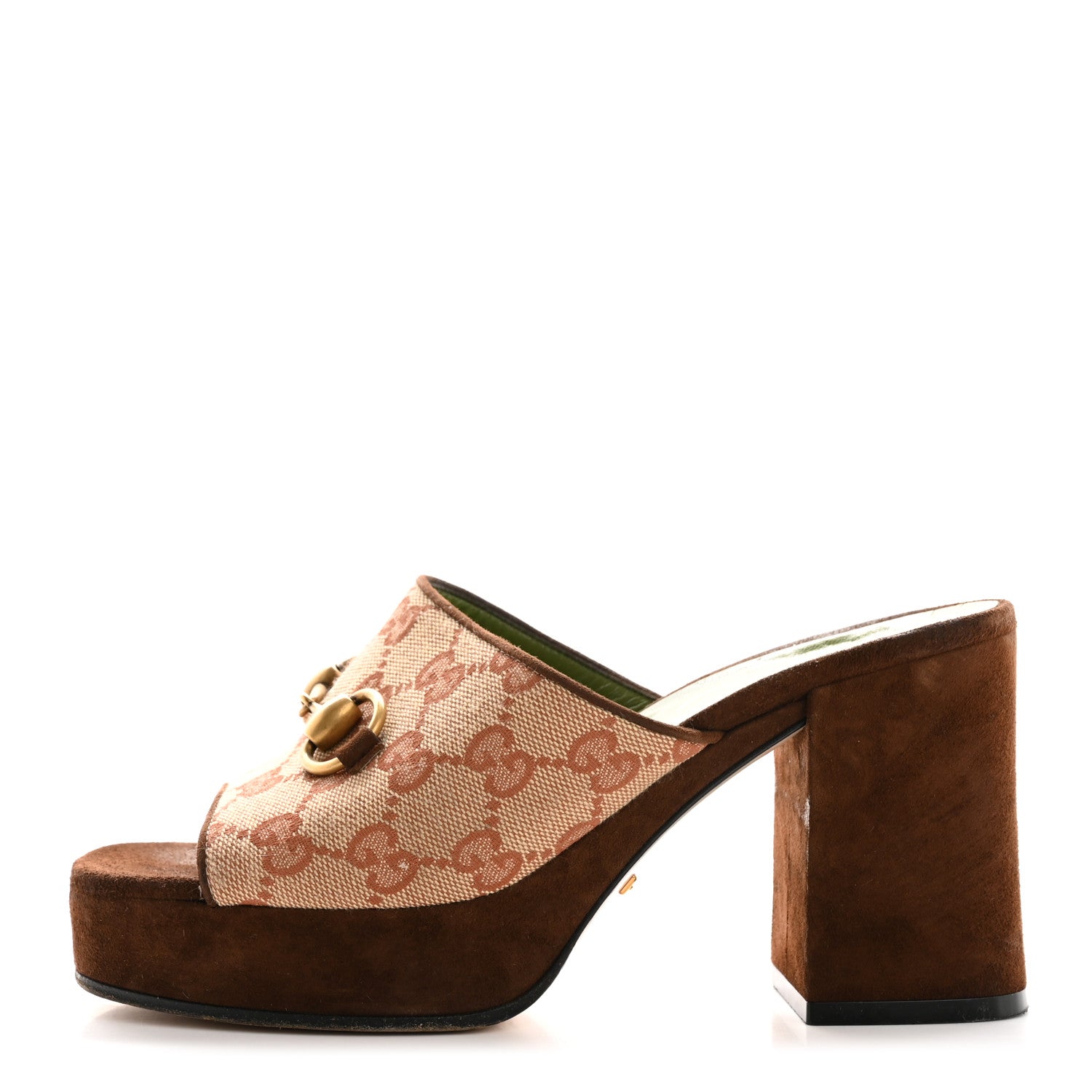Gucci GG Monogram Kid Scamosciato Houdan Mid Heel Platform Slide Sandals 35 Beige Ruggine Maroon 1 of 11