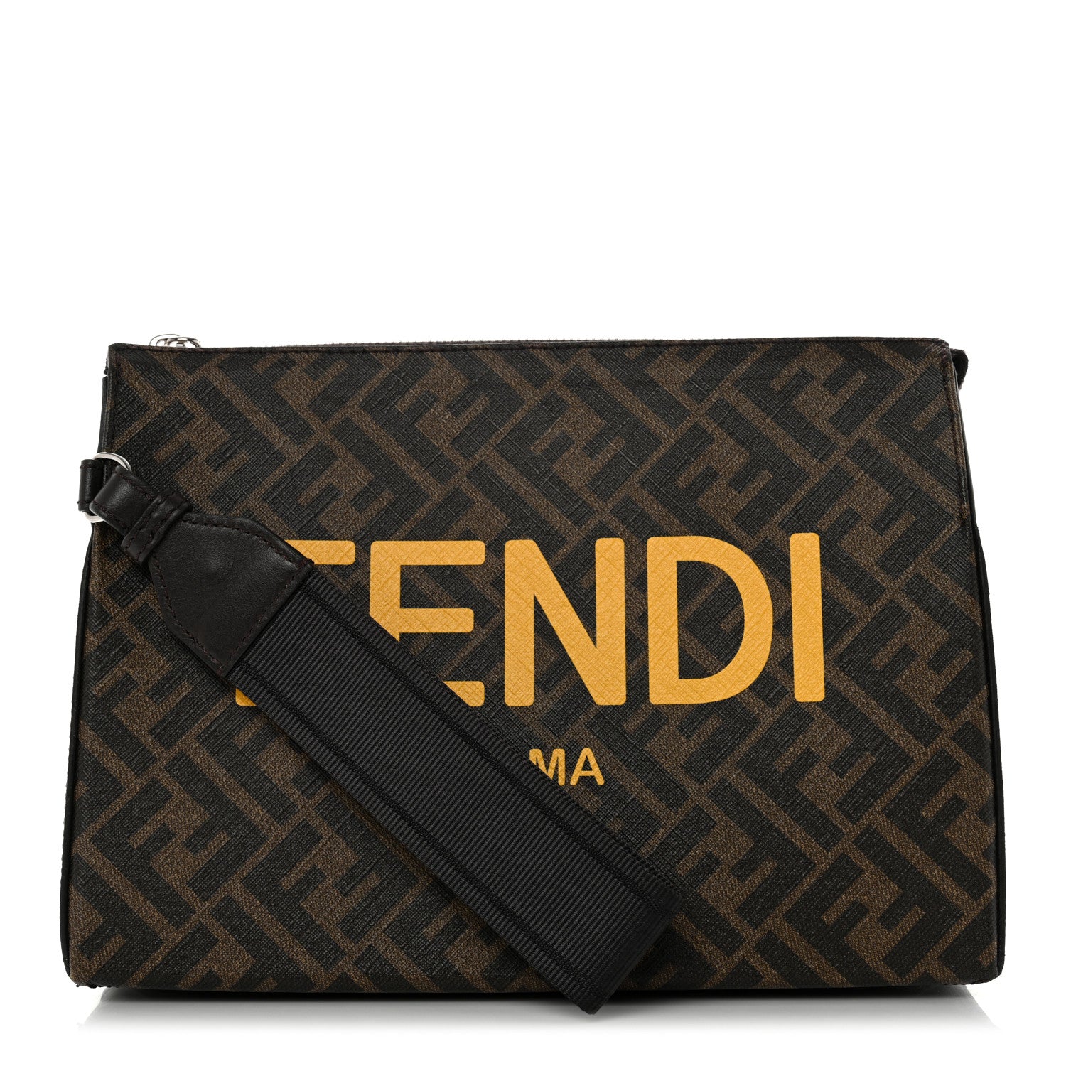 Fendi Shiny Glazed Fabric Vitello Cover FF 1974 Logo Clutch Tobacco Moro Giallo Ebano 1 of 11