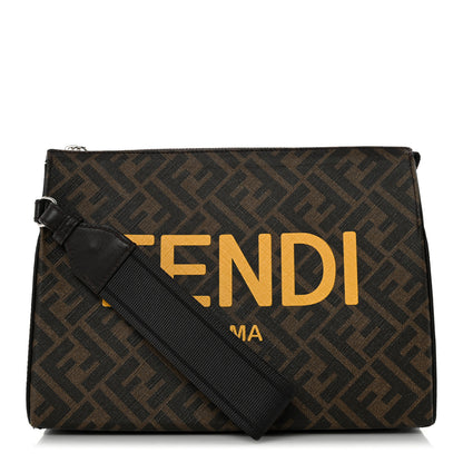 Fendi Shiny Glazed Fabric Vitello Cover FF 1974 Logo Clutch Tobacco Moro Giallo Ebano 1 of 11