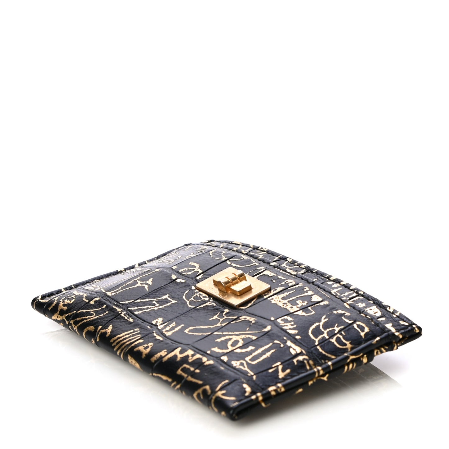 Calfskin Crocodile Embossed Graffiti 2.55 Cocodile Reissue Card Holder Black Gold