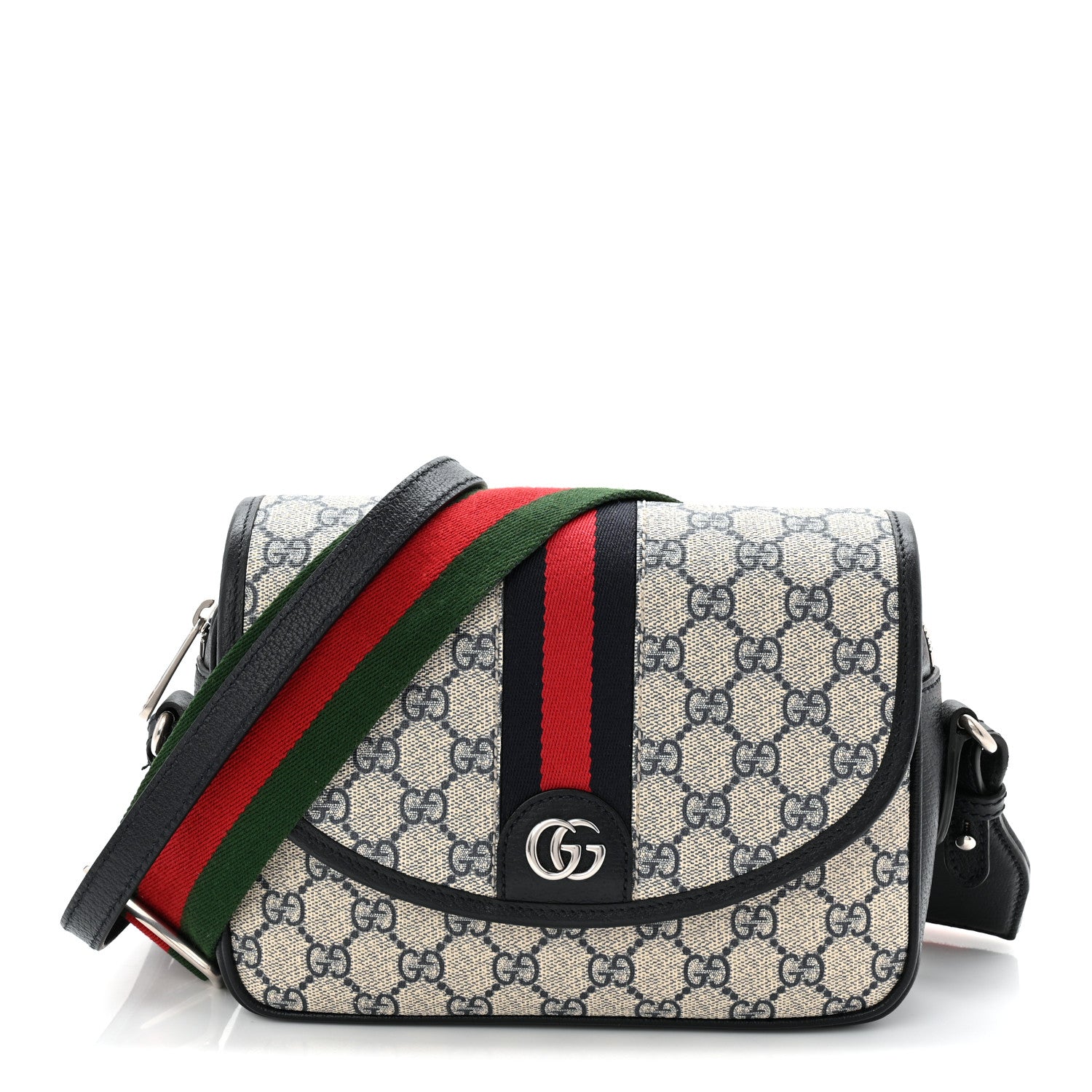 Gucci GG Supreme Monogram Textured Dollar Calfskin Web Studded Mini Ophidia Flap Shoulder Bag Beige Blue 1 of 12