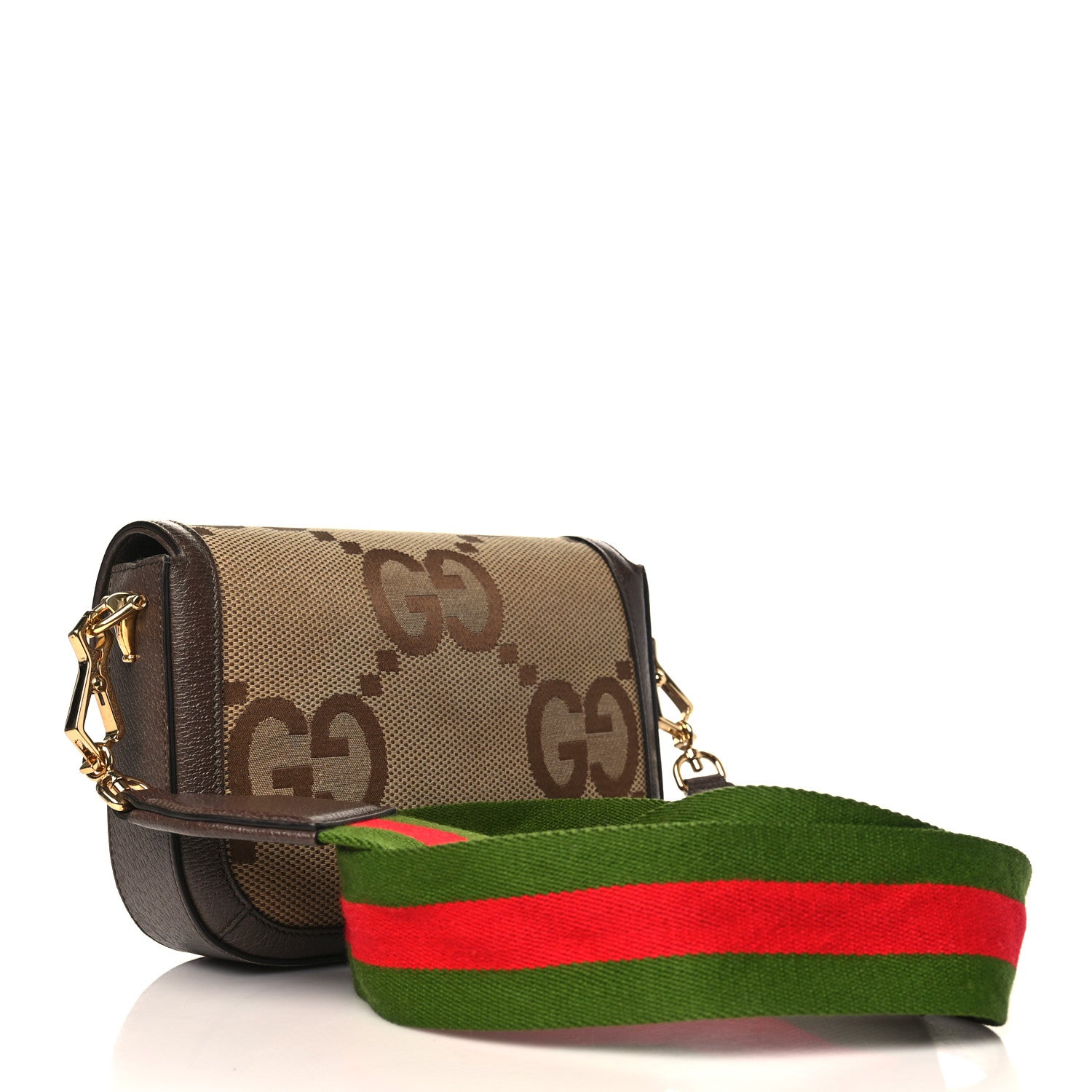 Gucci Monogram Jumbo GG Textured Dollar Calfskin Web Mini Horsebit 1955 Shoulder Bag Camel Ebony New Acero 3 of 10