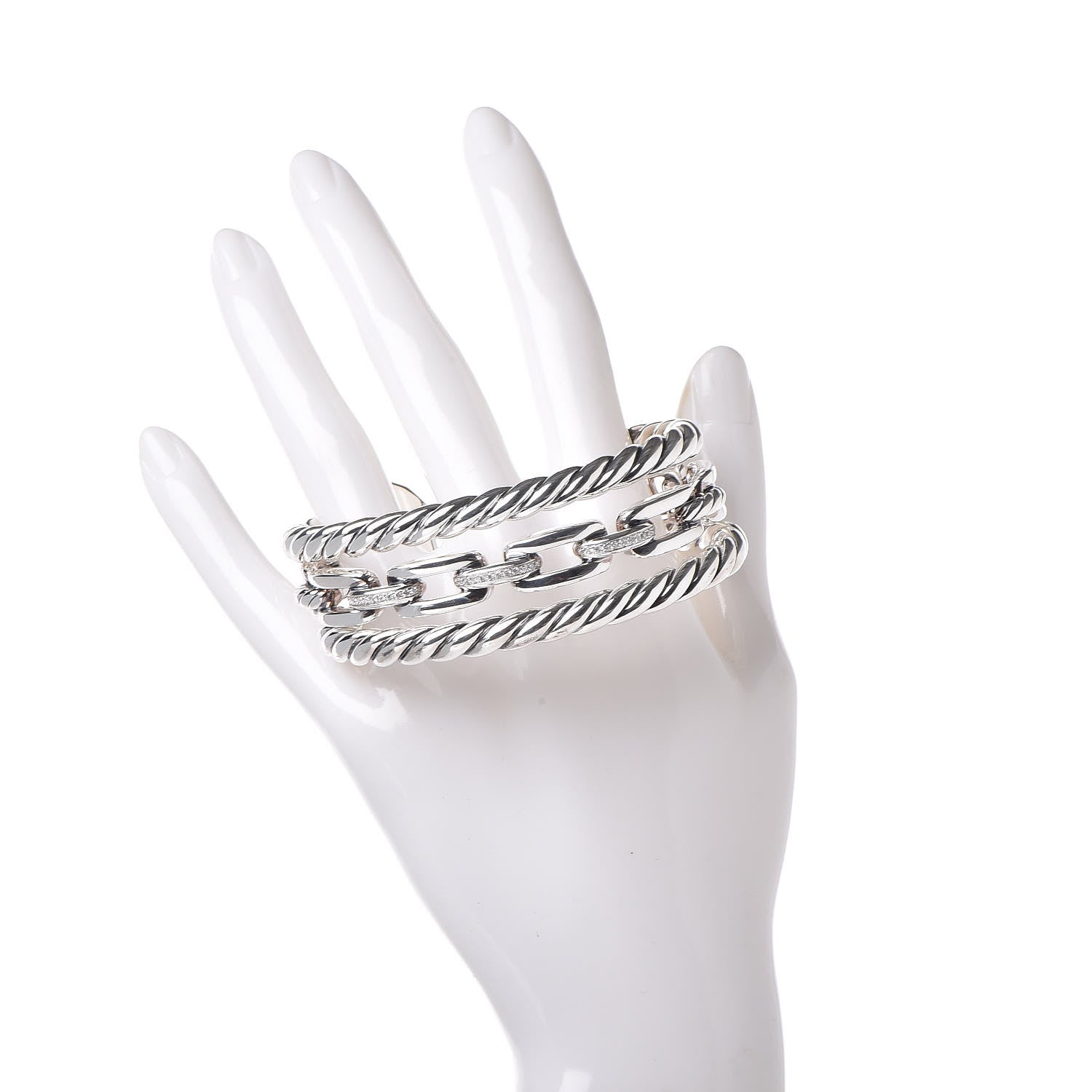 David Yurman Sterling Silver Diamond Wellesley Link Three-Row Cuff Bracelet 2 of 5