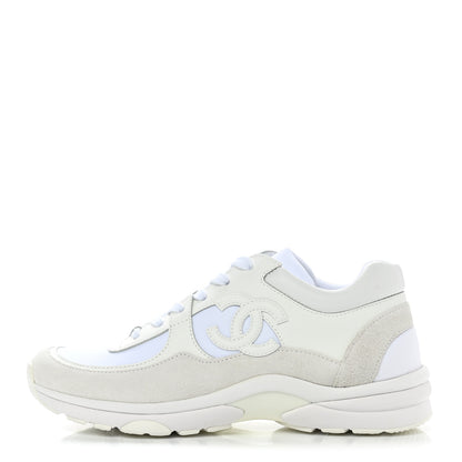 Chanel Suede Calfskin Fabric CC Sneakers 37.5 White 1 of 8