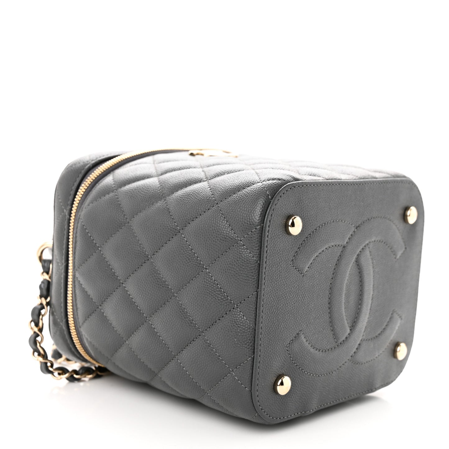 Caviar Quilted Small Top Handle Vanity Case With Chain Dark Grey
