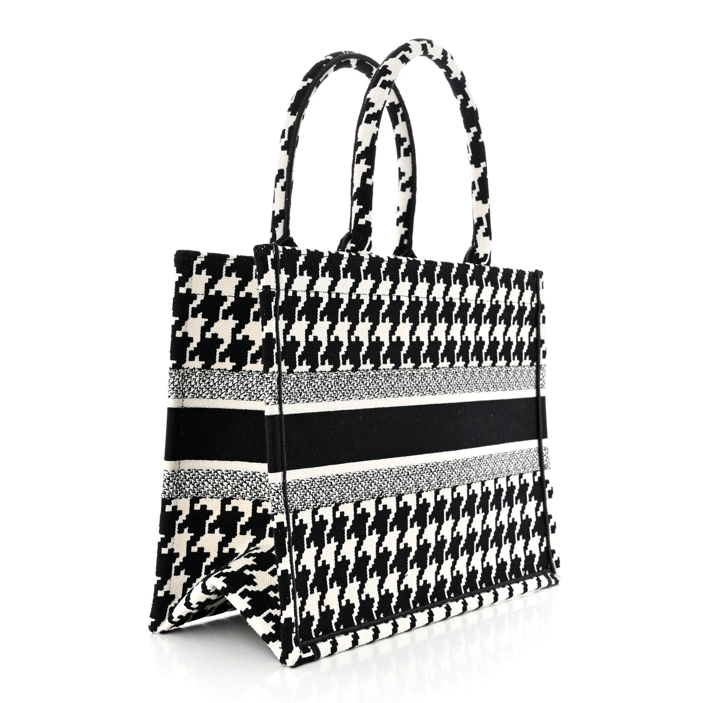 Canvas Macro Houndstooth Embroidered Medium Book Tote Black White