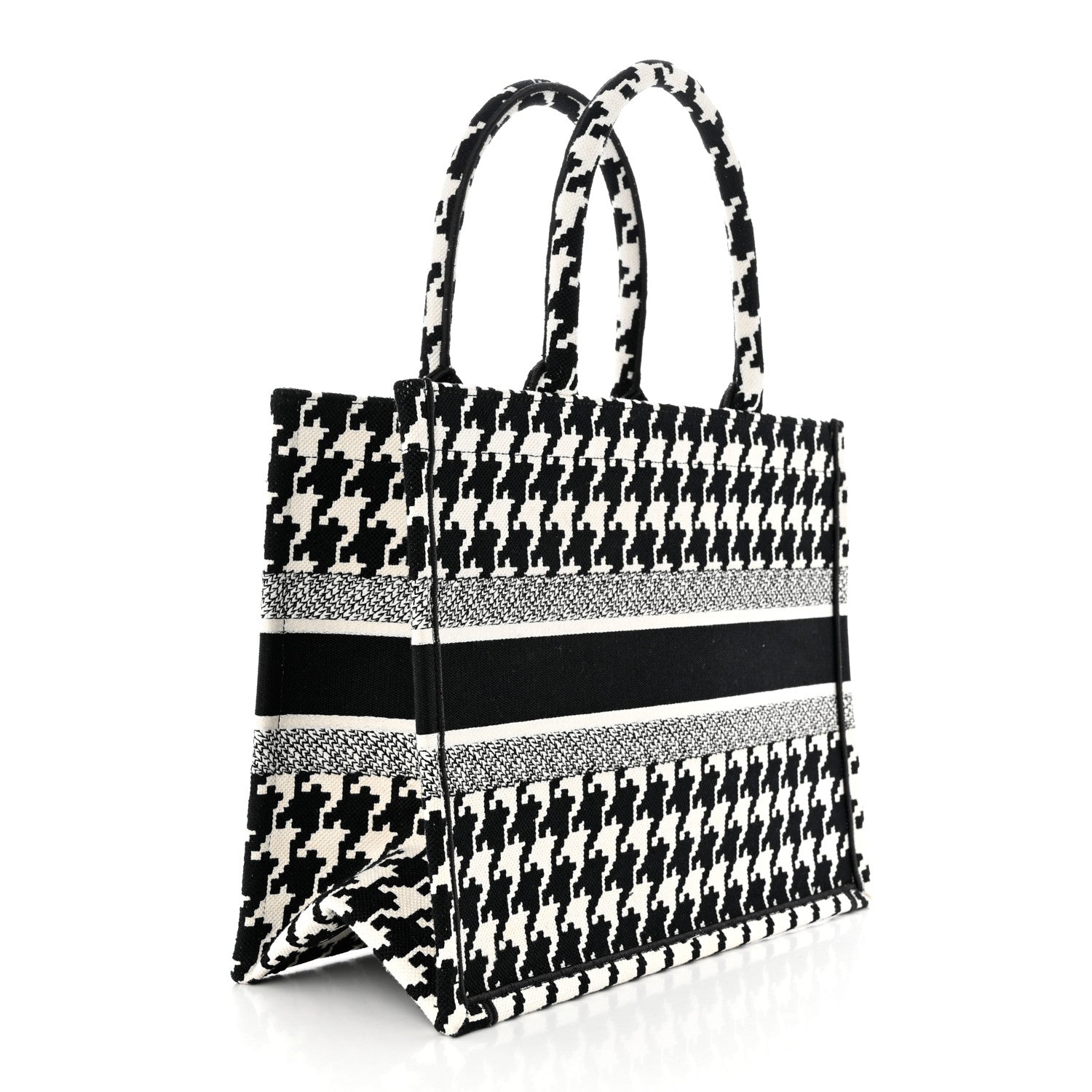 Christian Dior Canvas Macro Houndstooth Embroidered Medium Book Tote Black White 2 of 9