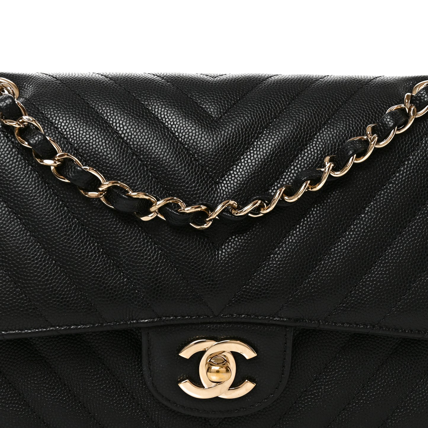 Caviar Chevron Quilted Medium Double Flap Black