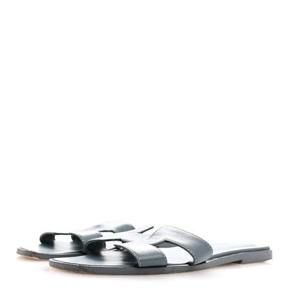 Hermes Box Calfskin Oran Sandals 37 Bleu Pinede 4 of 13