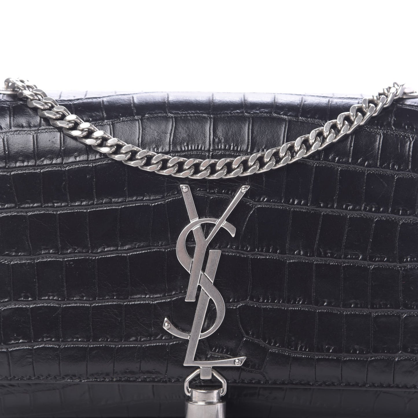 Calfskin Crocodile Embossed Small Classic Monogram Kate Tassel Satchel Black