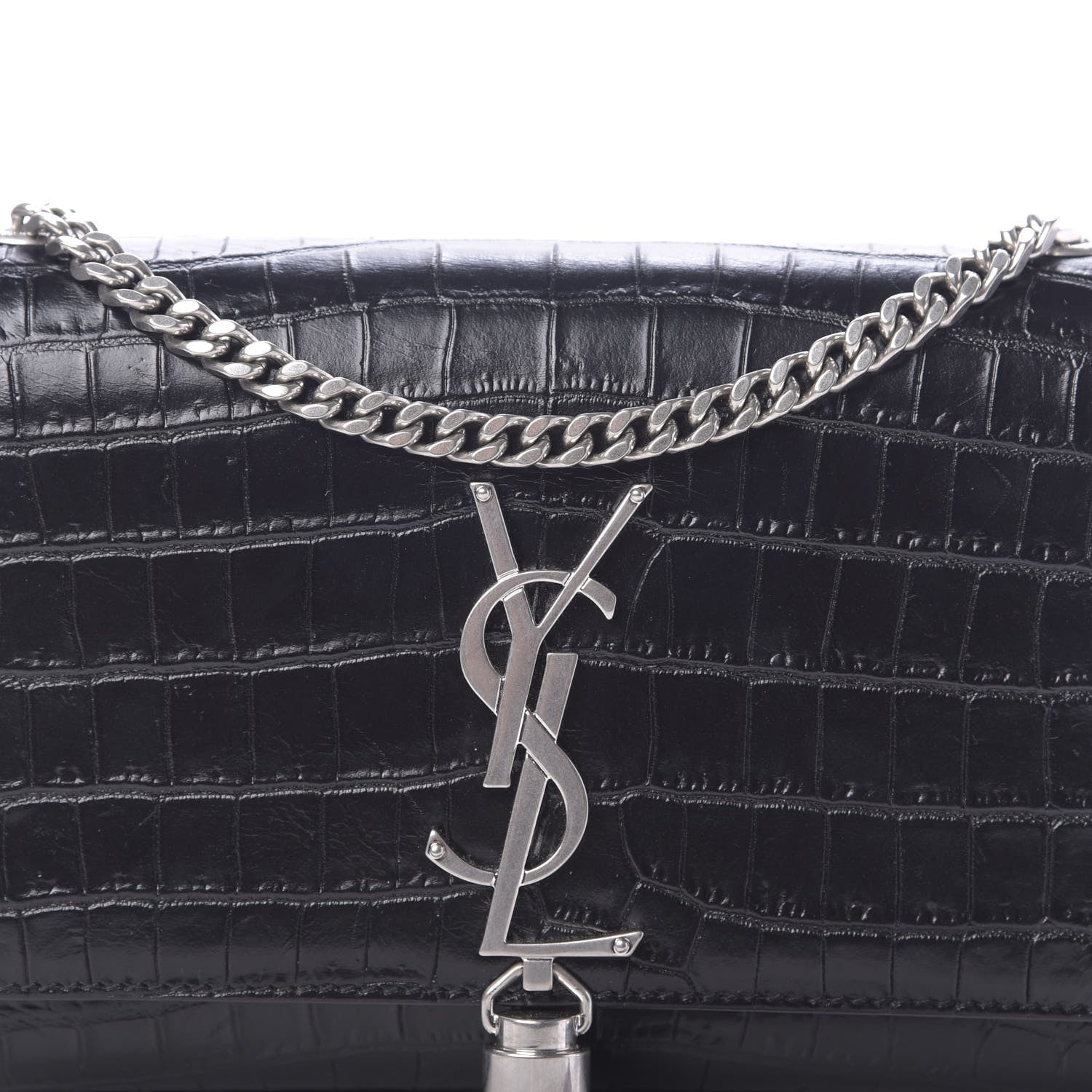 Saint Laurent Calfskin Crocodile Embossed Small Classic Monogram Kate Tassel Satchel Black 11 of 11
