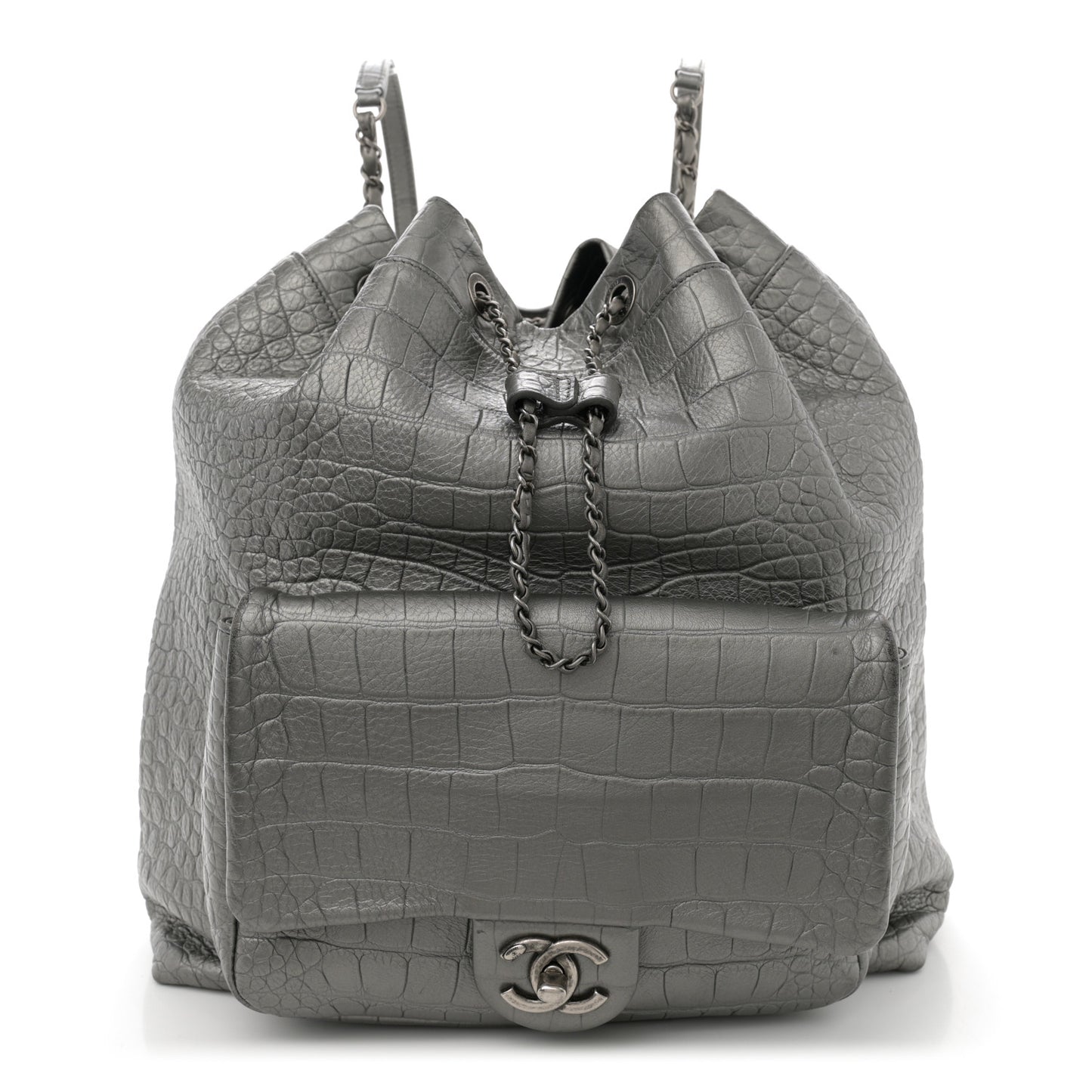 Metallic Calfskin Crocodile Embossed Large Backpack Silver