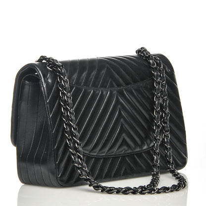 Chanel Lambskin Chevron Quilted Jumbo Double Flap So Black 3 of 9