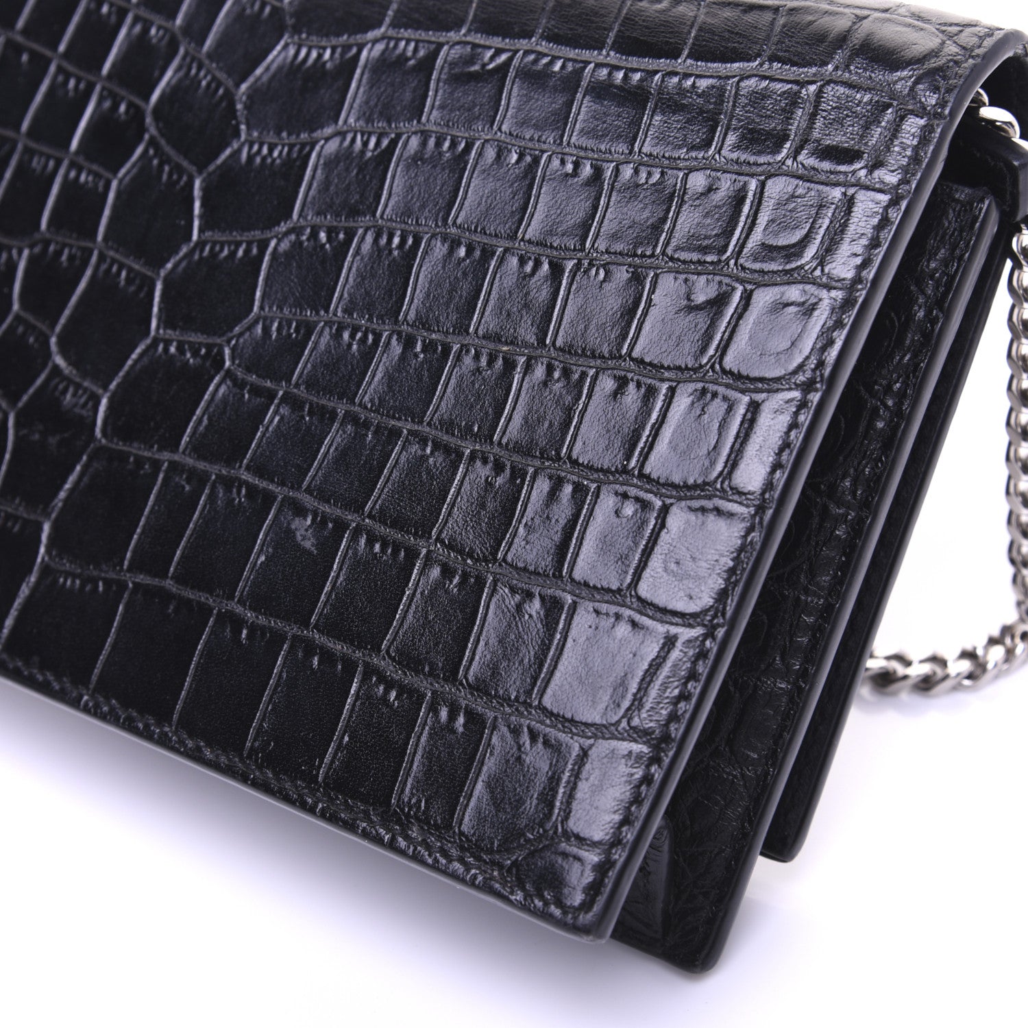 Saint Laurent Calfskin Crocodile Embossed Kate Monogram Tassel Chain Wallet Black 17 of 17