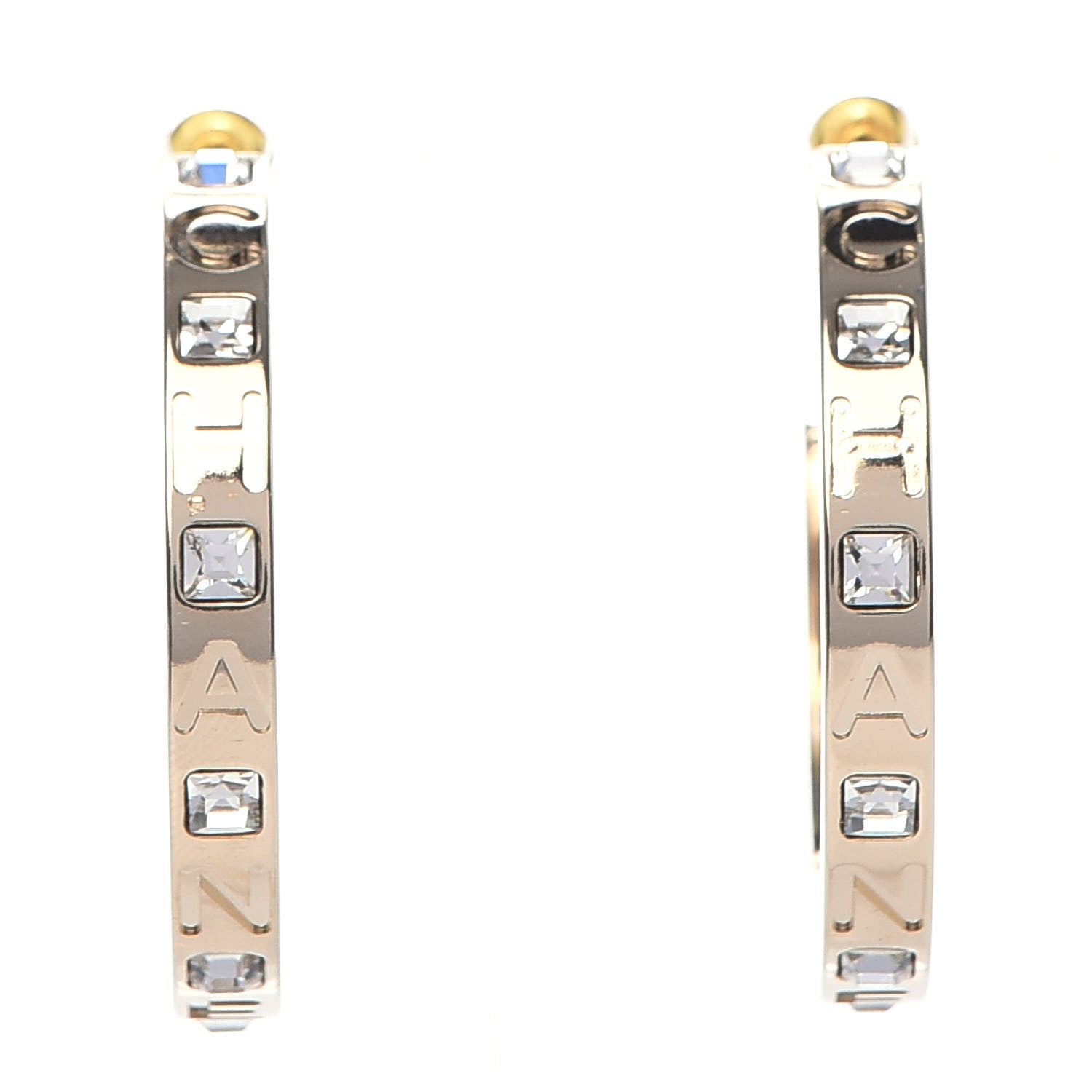 Chanel Metal Baguette Crystal Logo CC Hoop Earrings Gold 1 of 5