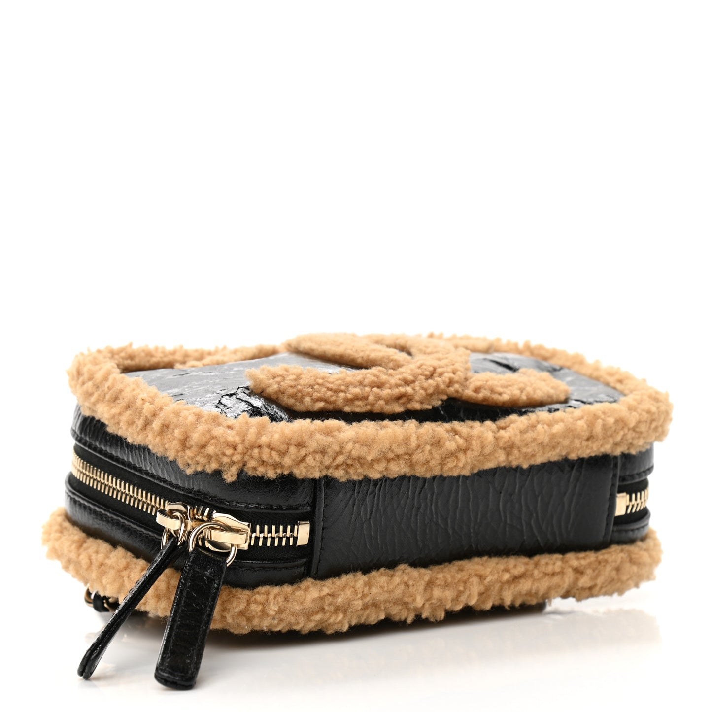 Shiny Crumpled Sheepskin Shearling CC Mania Waist Bag Black Light Brown