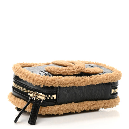 Chanel Shiny Crumpled Sheepskin Shearling CC Mania Waist Bag Black Light Brown 4 of 11