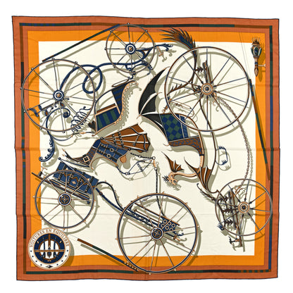 Hermes Cashmere Silk Voitures en Equilibre Shawl 140 Terracotta Mangue Vert Amande 1 of 3