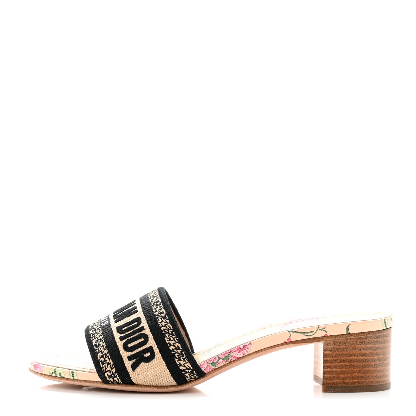 Canvas Embroidered Toile de Jouy Pop Dway Mules Heeled Slide Sandals 37.5 Black Multicolor