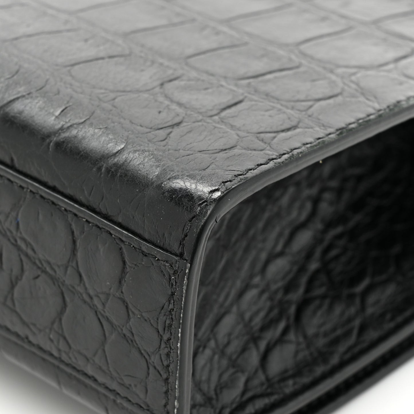 Calfskin Crocodile Embossed Medium Classic Monogram Kate Tassel Satchel Black