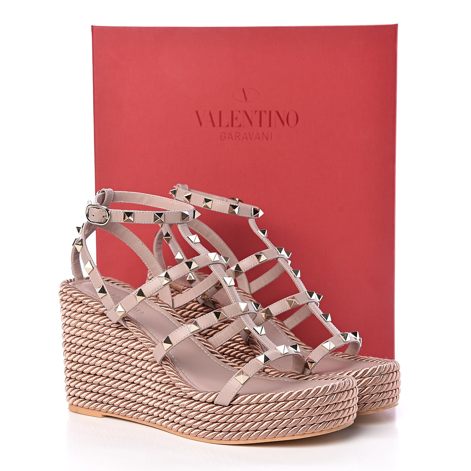 Valentino Garavani Calfskin Rockstud Ankle Strap Torchon Espadrille Caged 25/95mm Wedge Sandals 39 Poudre 11 of 11