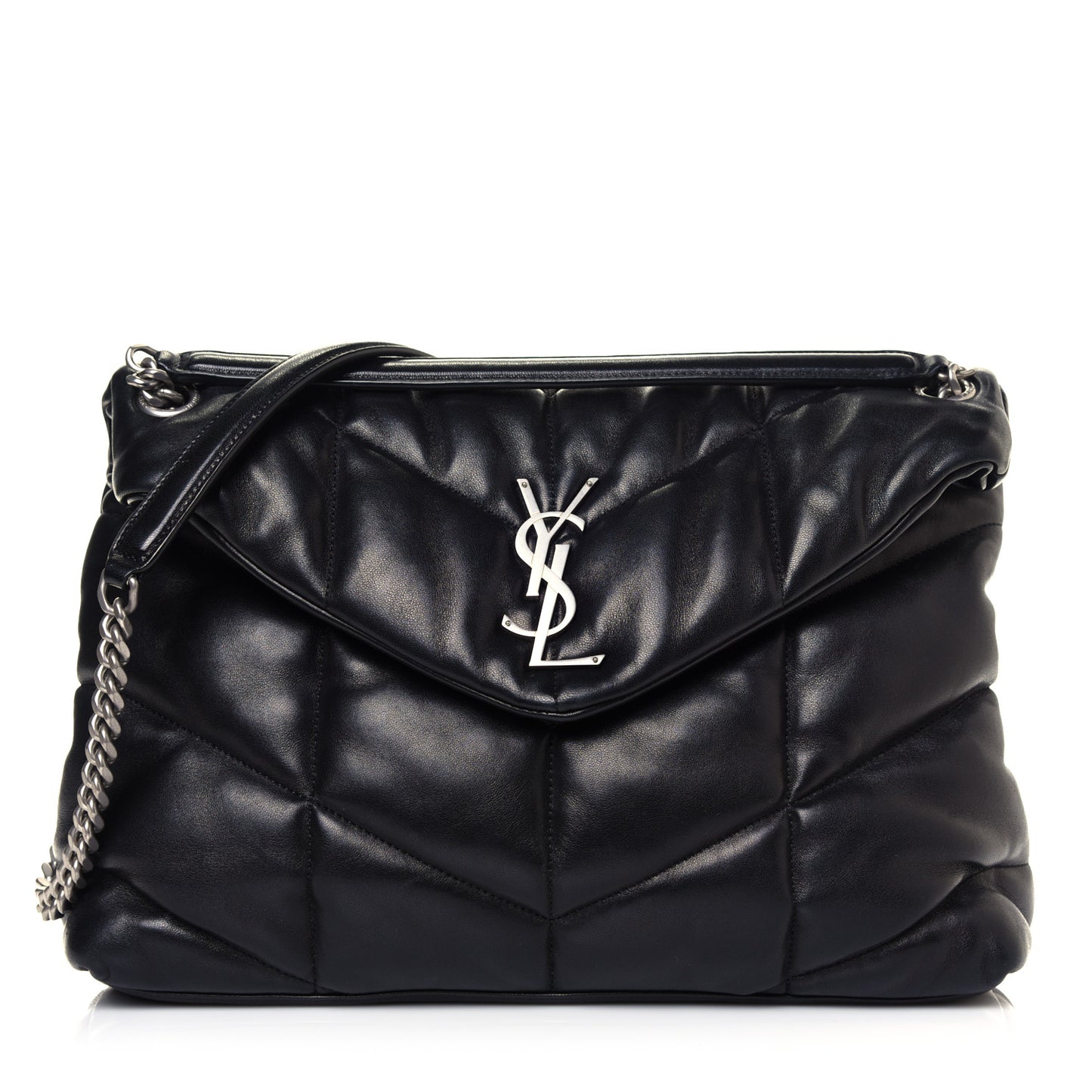 Lambskin Quilted Medium Loulou Puffer Monogram Chain Satchel Black