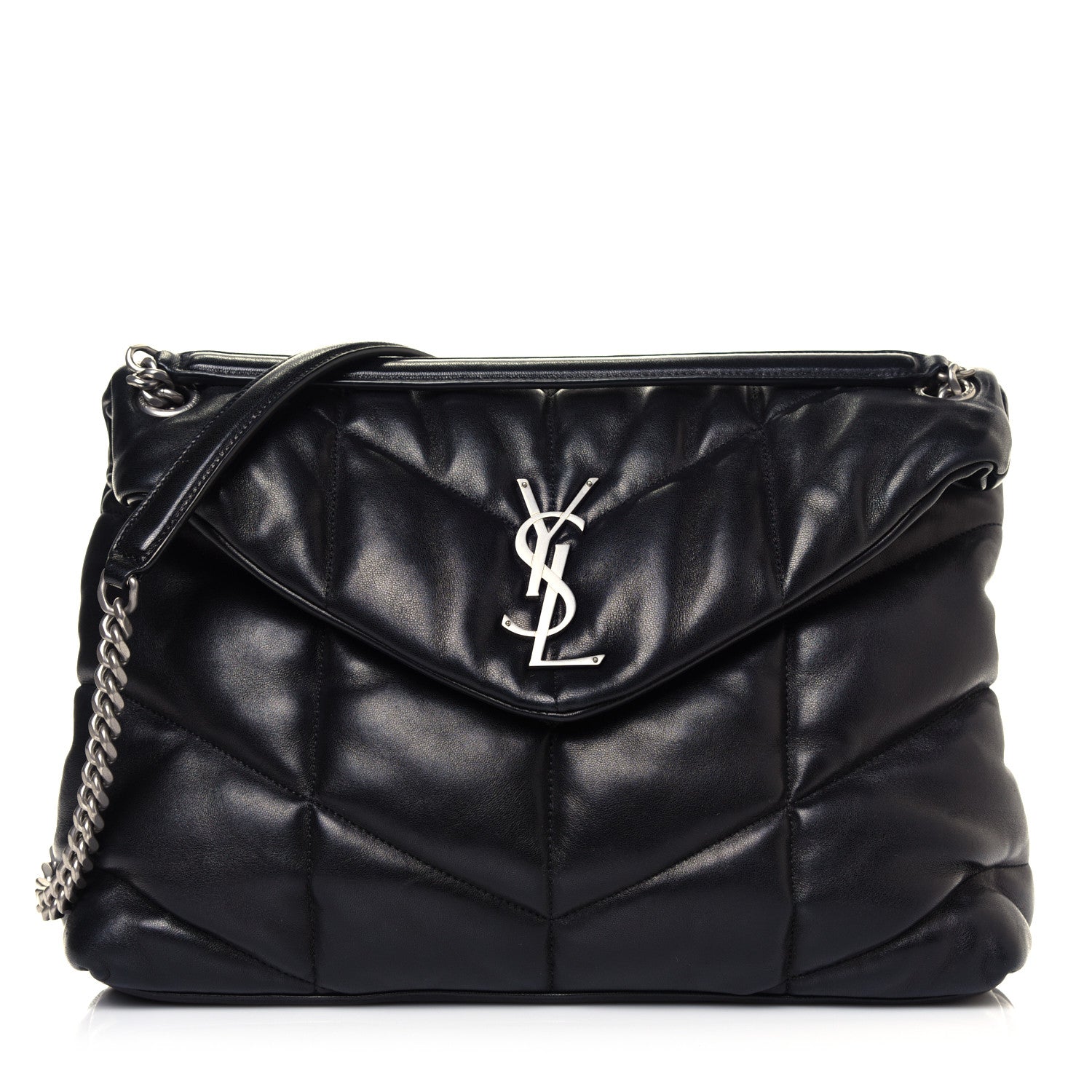 Saint Laurent Lambskin Quilted Medium Loulou Puffer Monogram Chain Satchel Black 1 of 12
