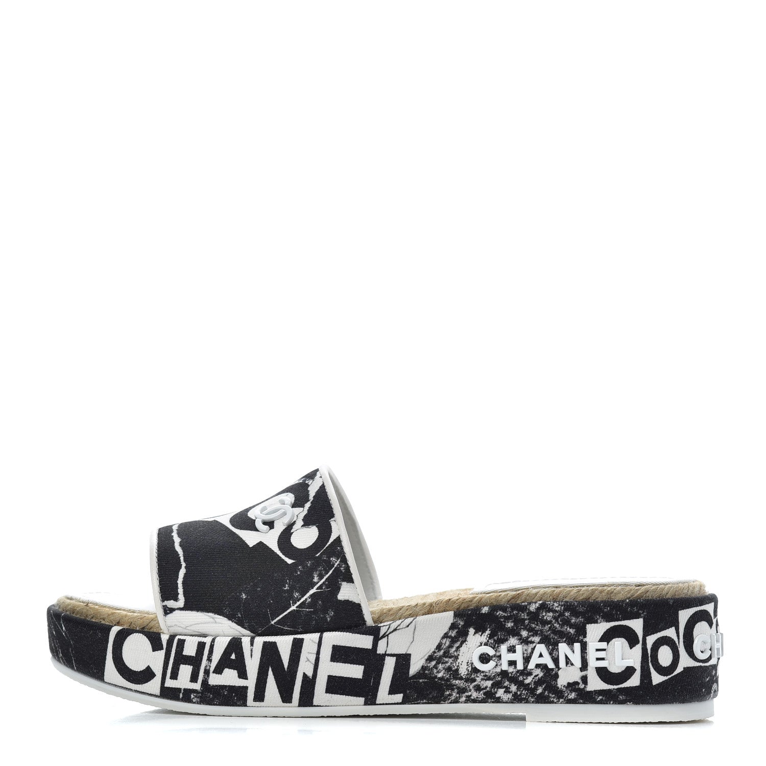 Chanel Fabric Grosgrain Printed CC Espadrille Slip On Sandals 36 White Black 1 of 14